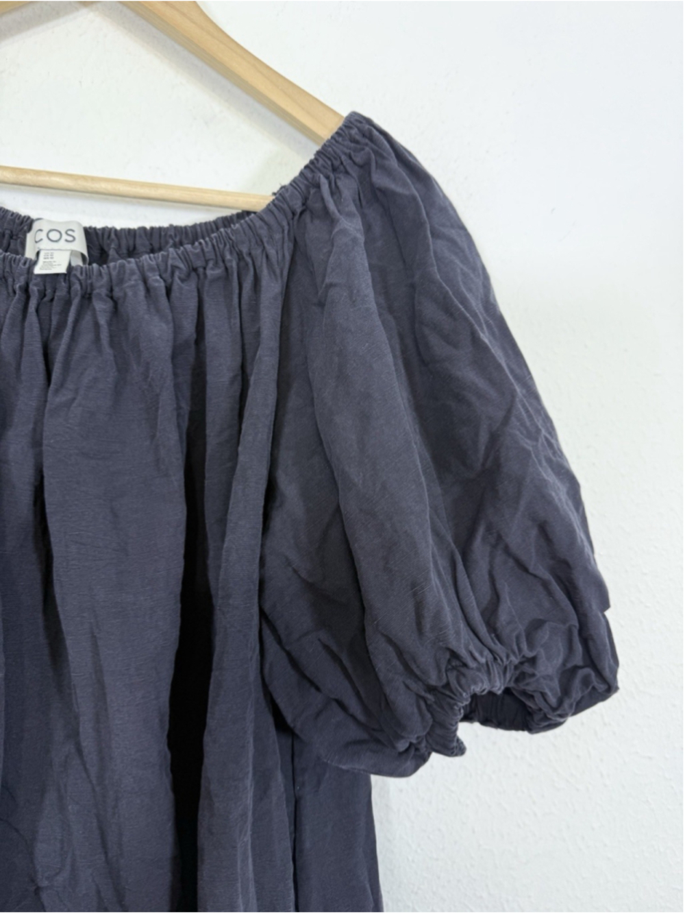 COS Off-The-Shoulder Linen Puff-Sleeve Midi Dress Sz 10 Blue Minimalist Preppy - Picture 9 of 9
